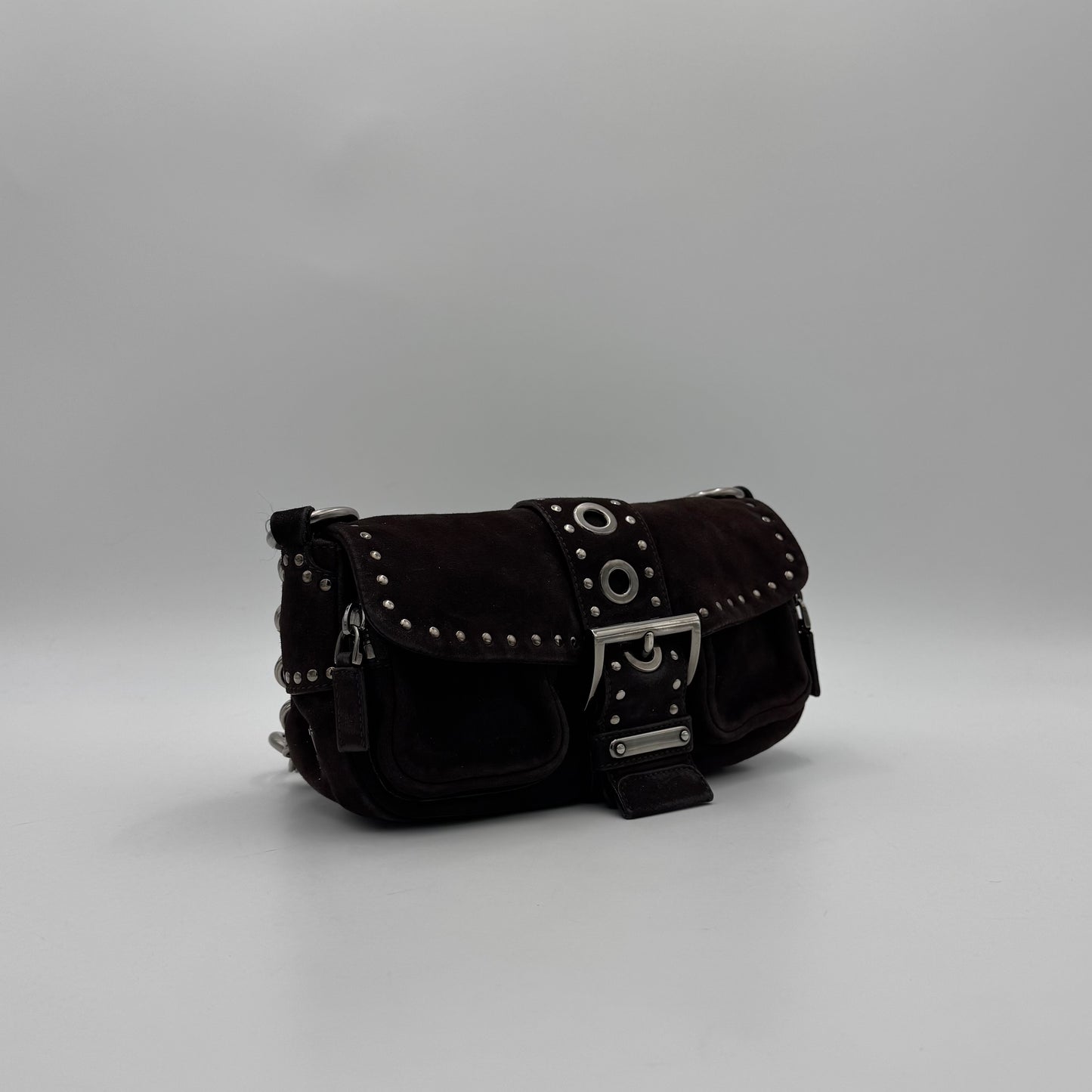 Prada Dark Brown Suede Studded Sidonie Flap Baguette