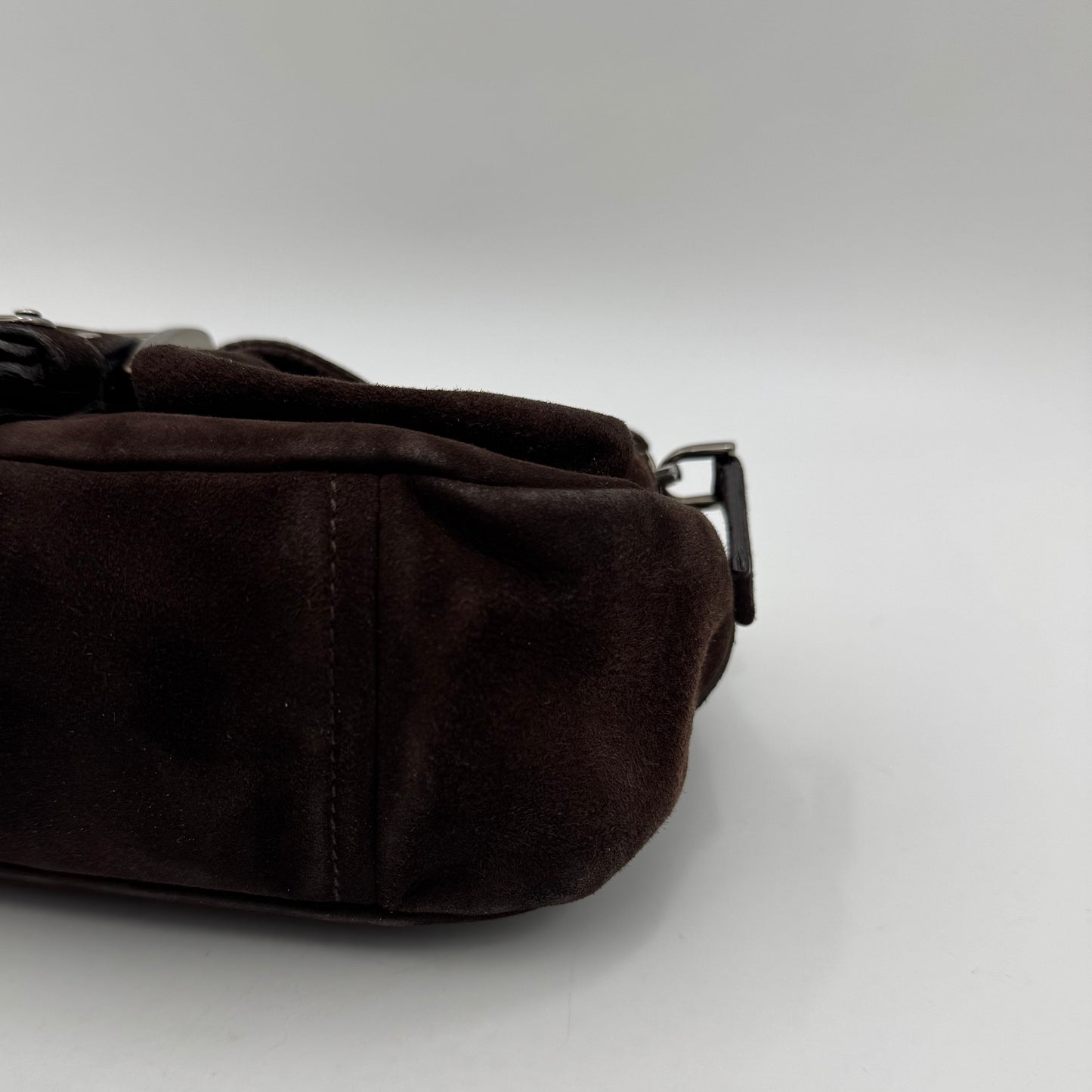 Prada Dark Brown Suede Studded Sidonie Flap Baguette