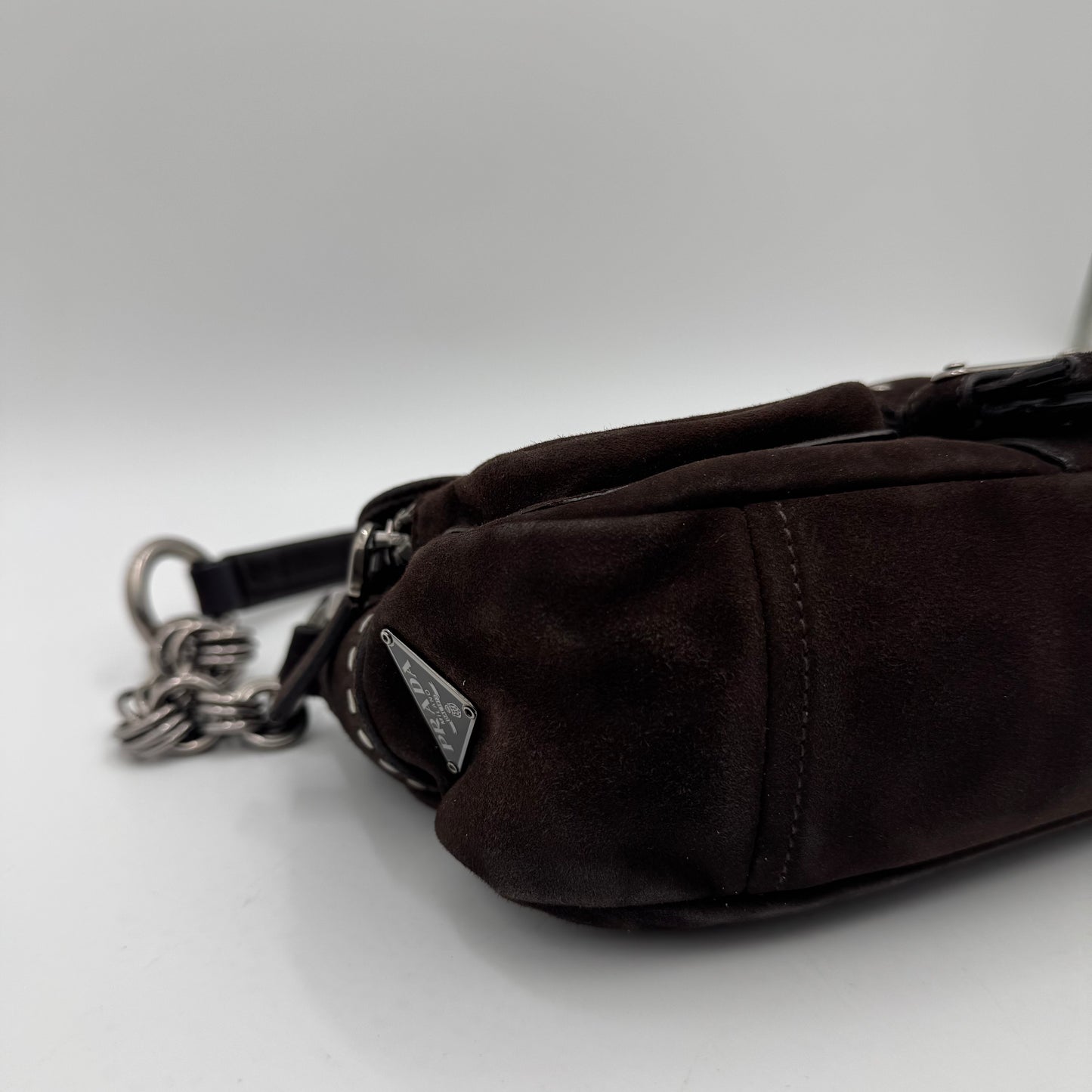Prada Dark Brown Suede Studded Sidonie Flap Baguette