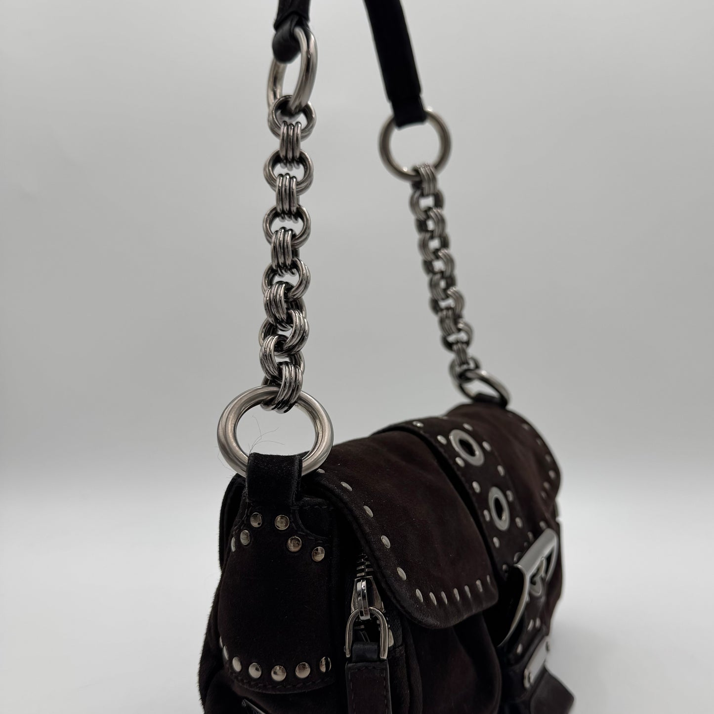Prada Dark Brown Suede Studded Sidonie Flap Baguette