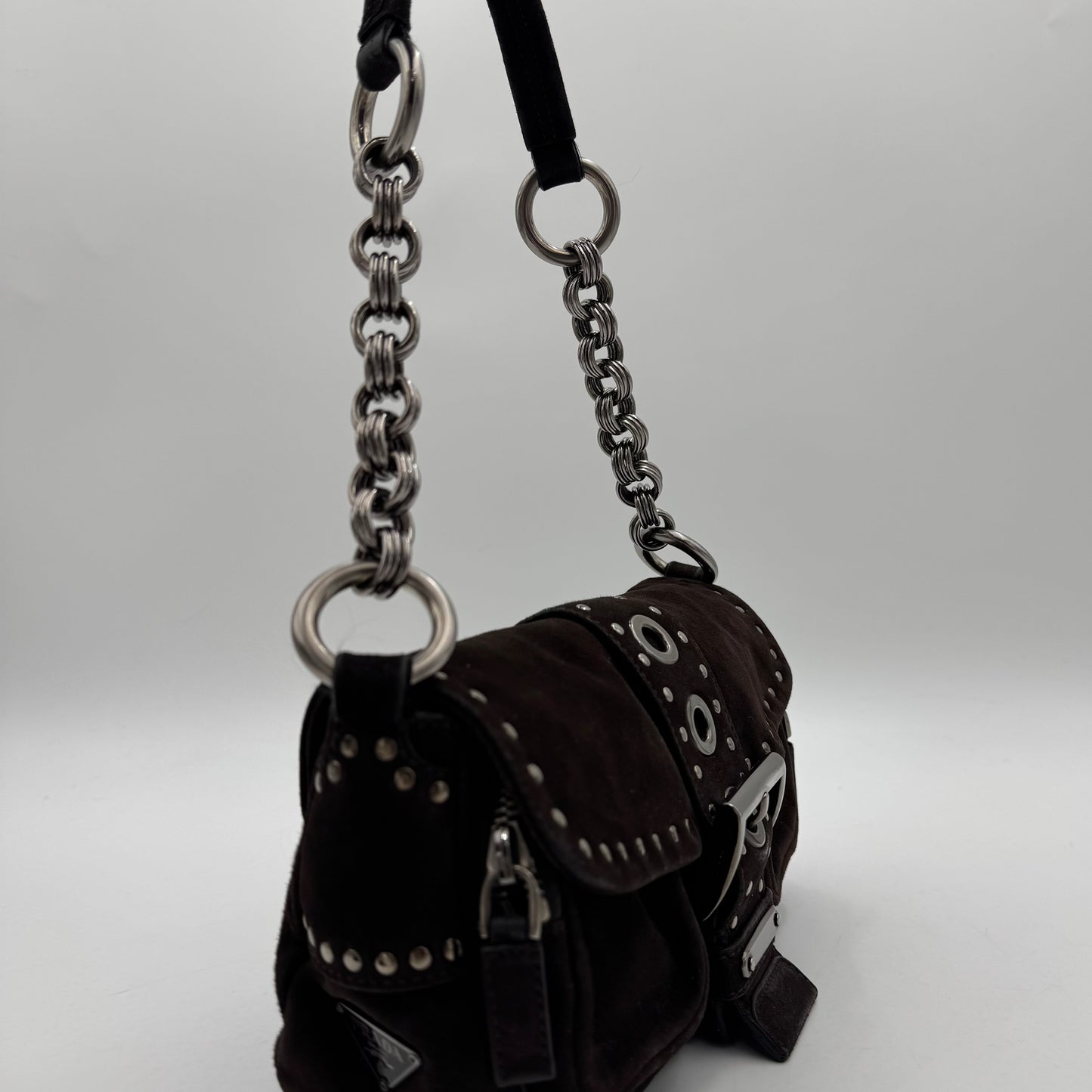 Prada Dark Brown Suede Studded Sidonie Flap Baguette