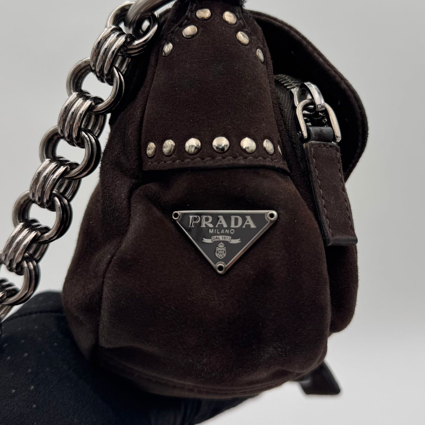 Prada Dark Brown Suede Studded Sidonie Flap Baguette