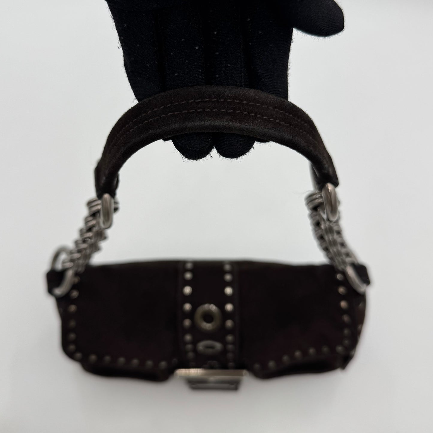 Prada Dark Brown Suede Studded Sidonie Flap Baguette