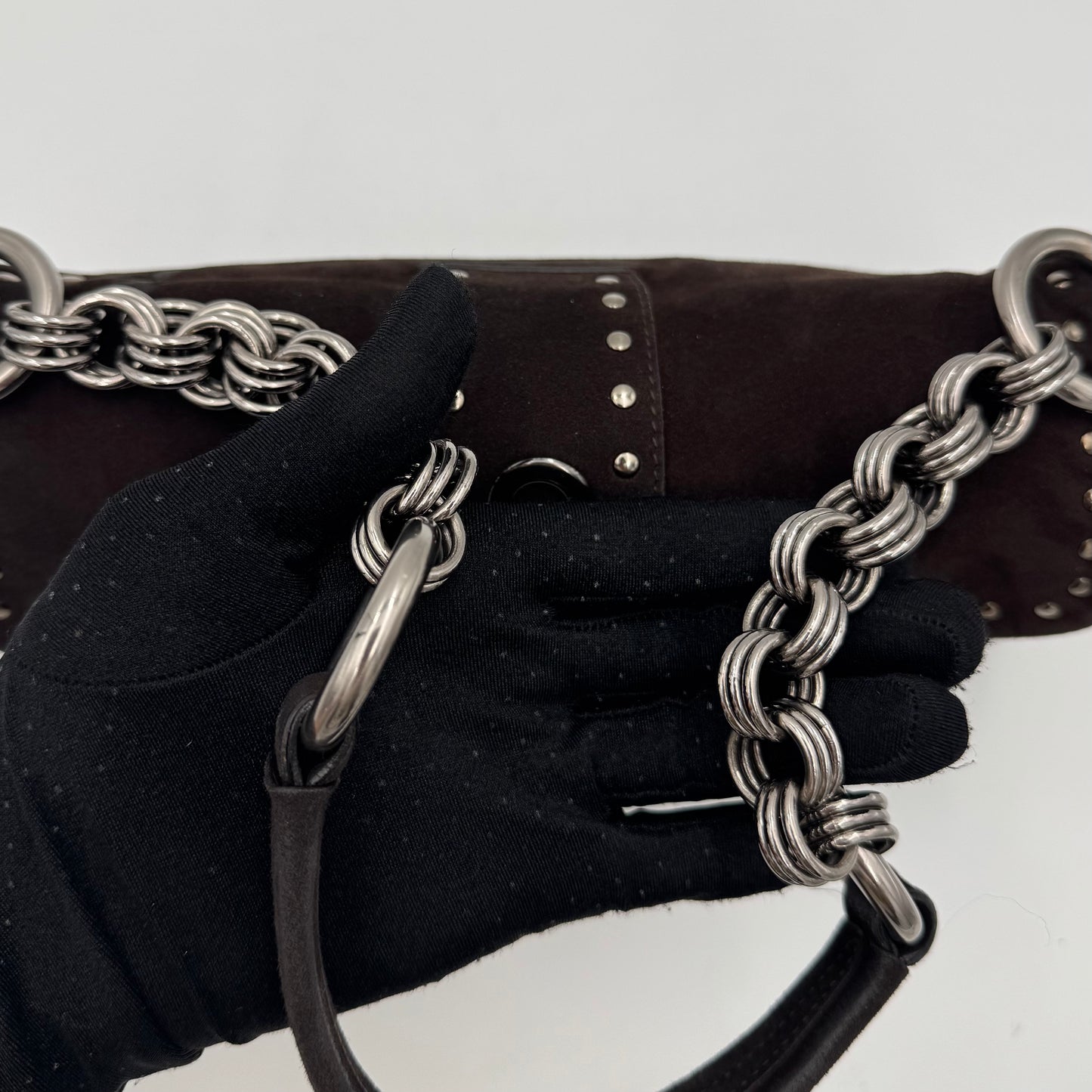 Prada Dark Brown Suede Studded Sidonie Flap Baguette