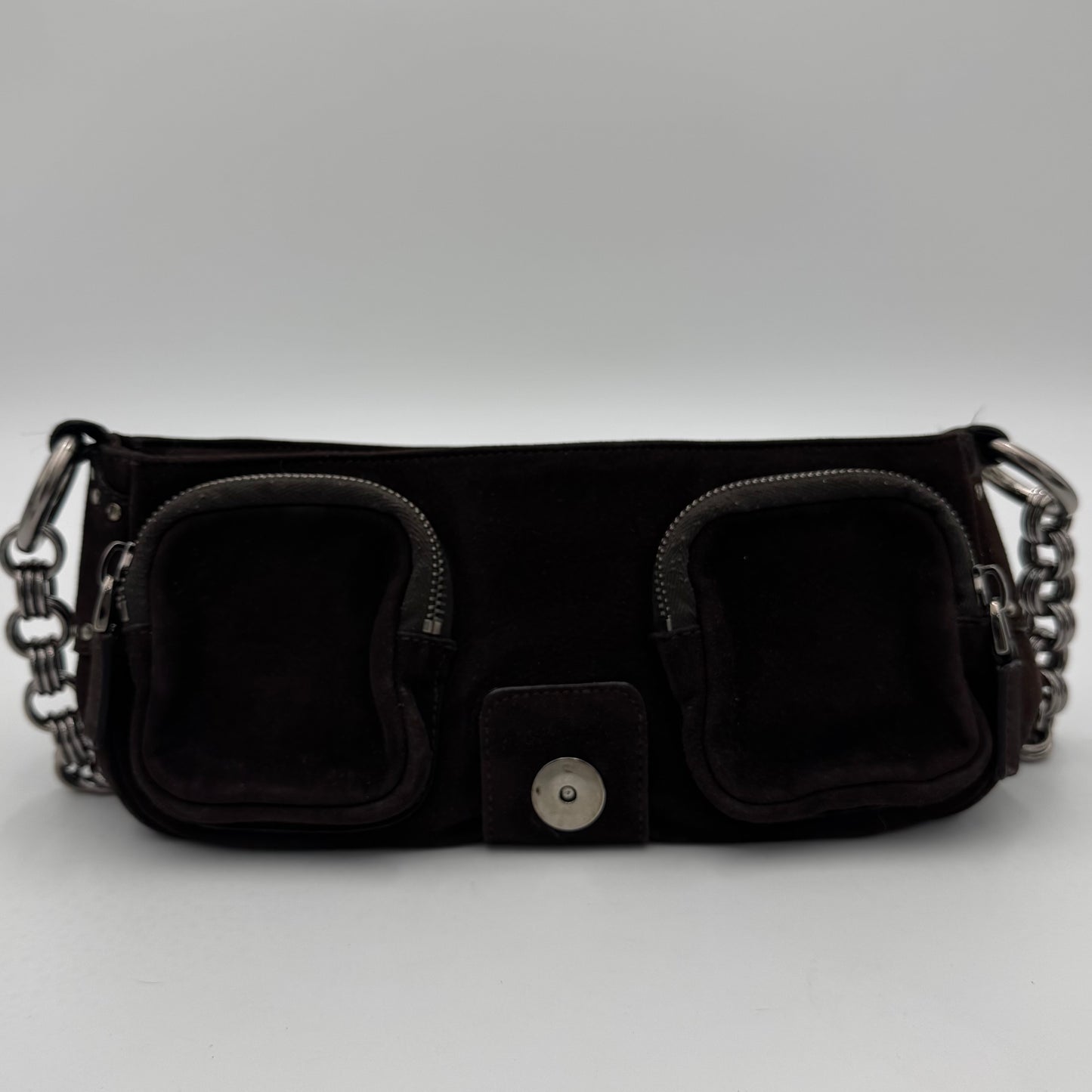 Prada Dark Brown Suede Studded Sidonie Flap Baguette