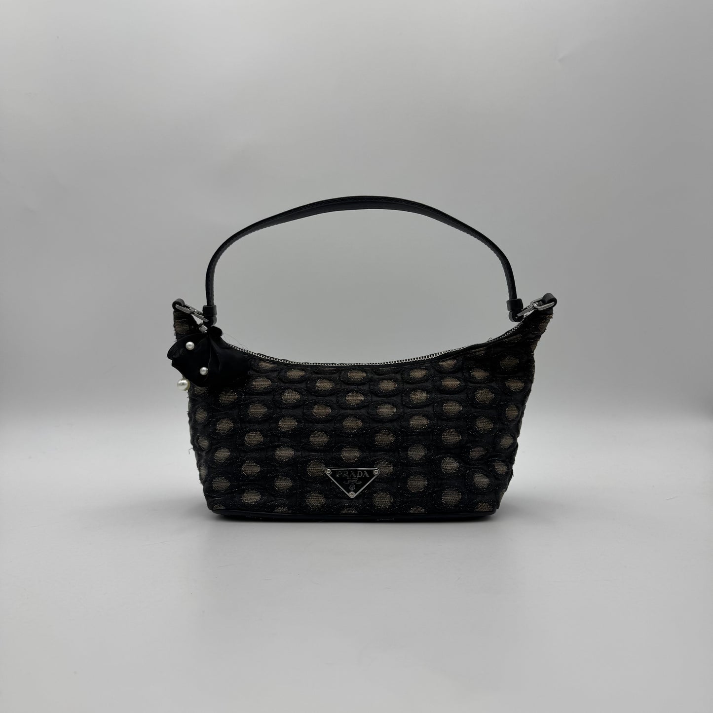 Prada Black and Champagne Gold Polka Dot Brocade Hobo Shoulder Bag