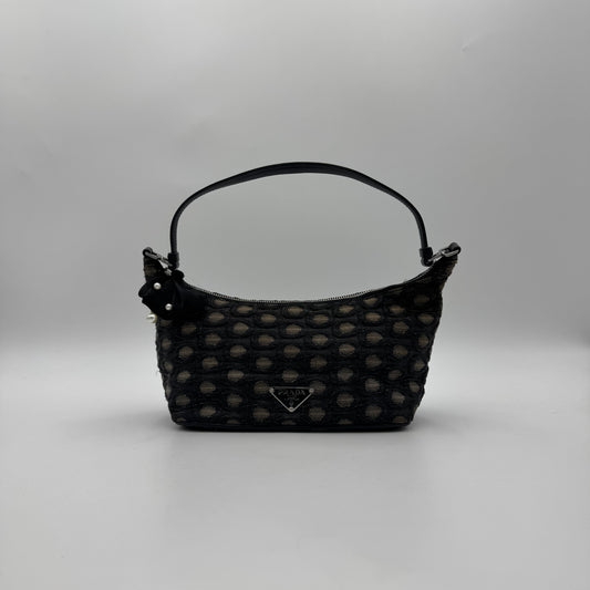 Prada Black and Champagne Gold Polka Dot Brocade Hobo Shoulder Bag