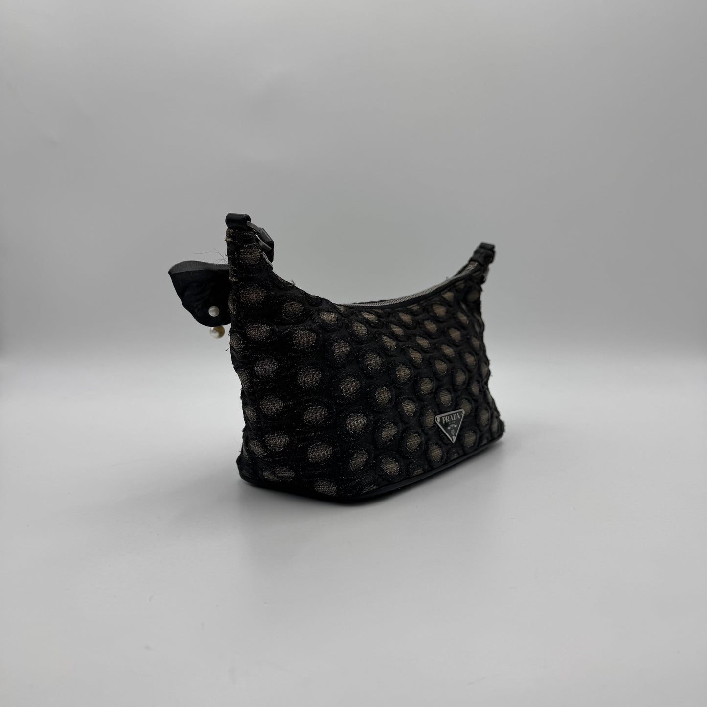 Prada Black and Champagne Gold Polka Dot Brocade Hobo Shoulder Bag