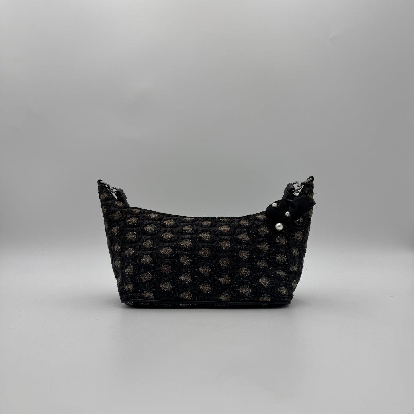 Prada Black and Champagne Gold Polka Dot Brocade Hobo Shoulder Bag
