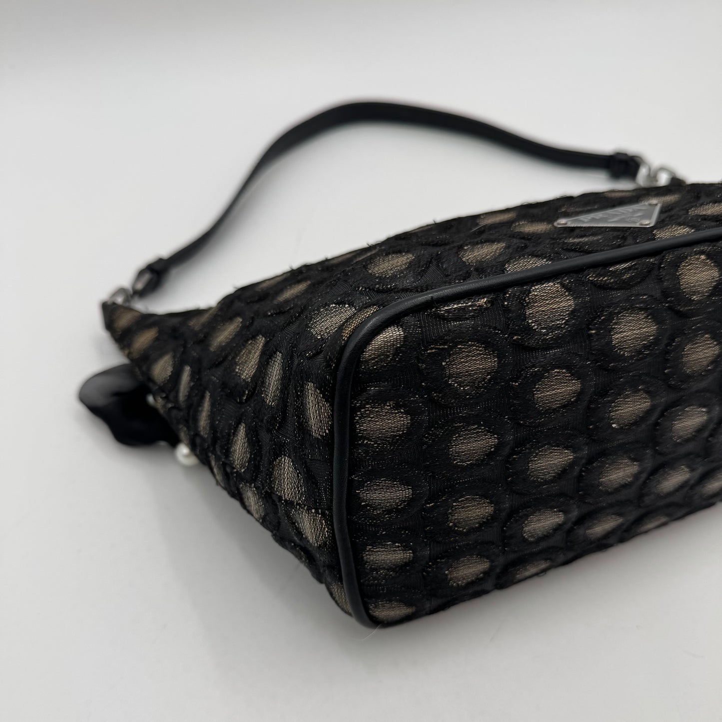 Prada Black and Champagne Gold Polka Dot Brocade Hobo Shoulder Bag