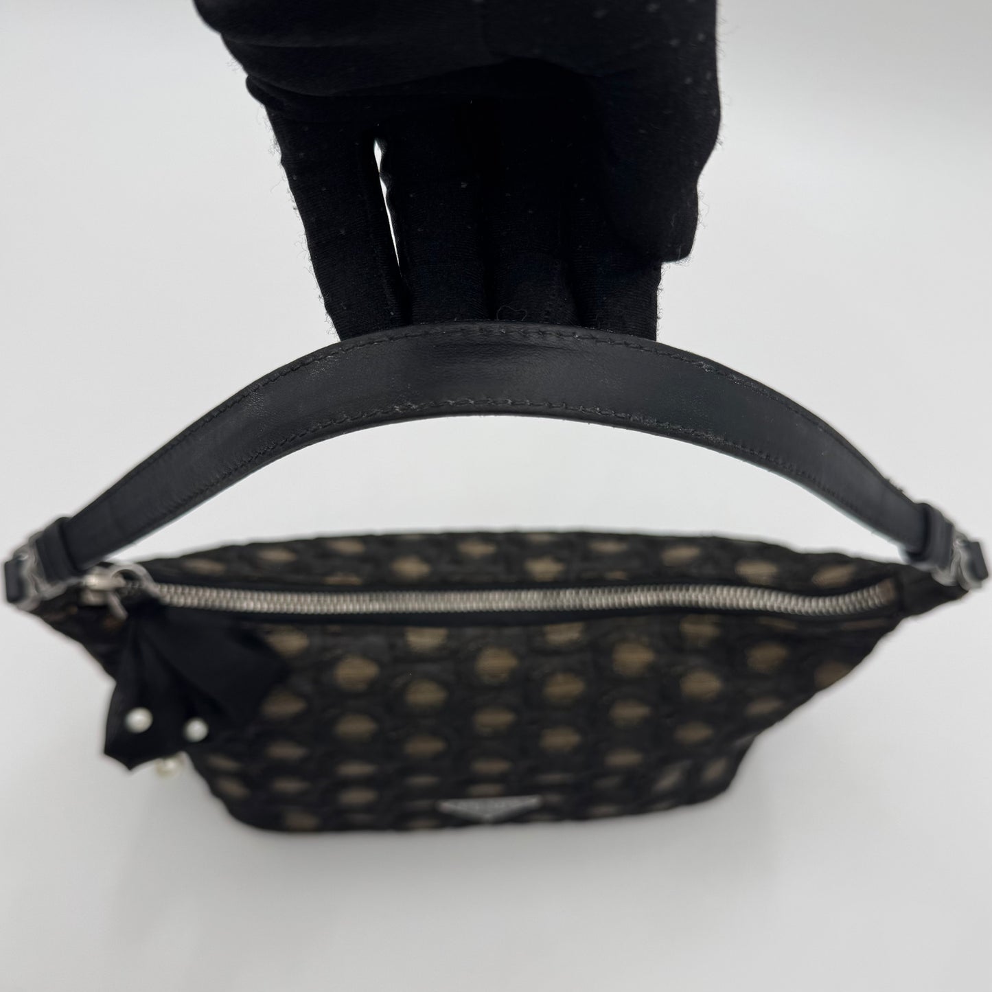 Prada Black and Champagne Gold Polka Dot Brocade Hobo Shoulder Bag