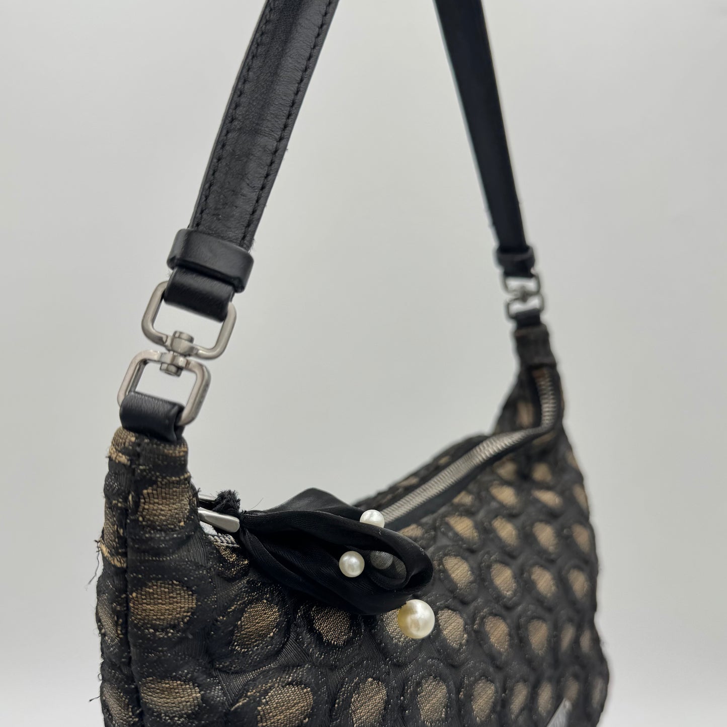 Prada Black and Champagne Gold Polka Dot Brocade Hobo Shoulder Bag