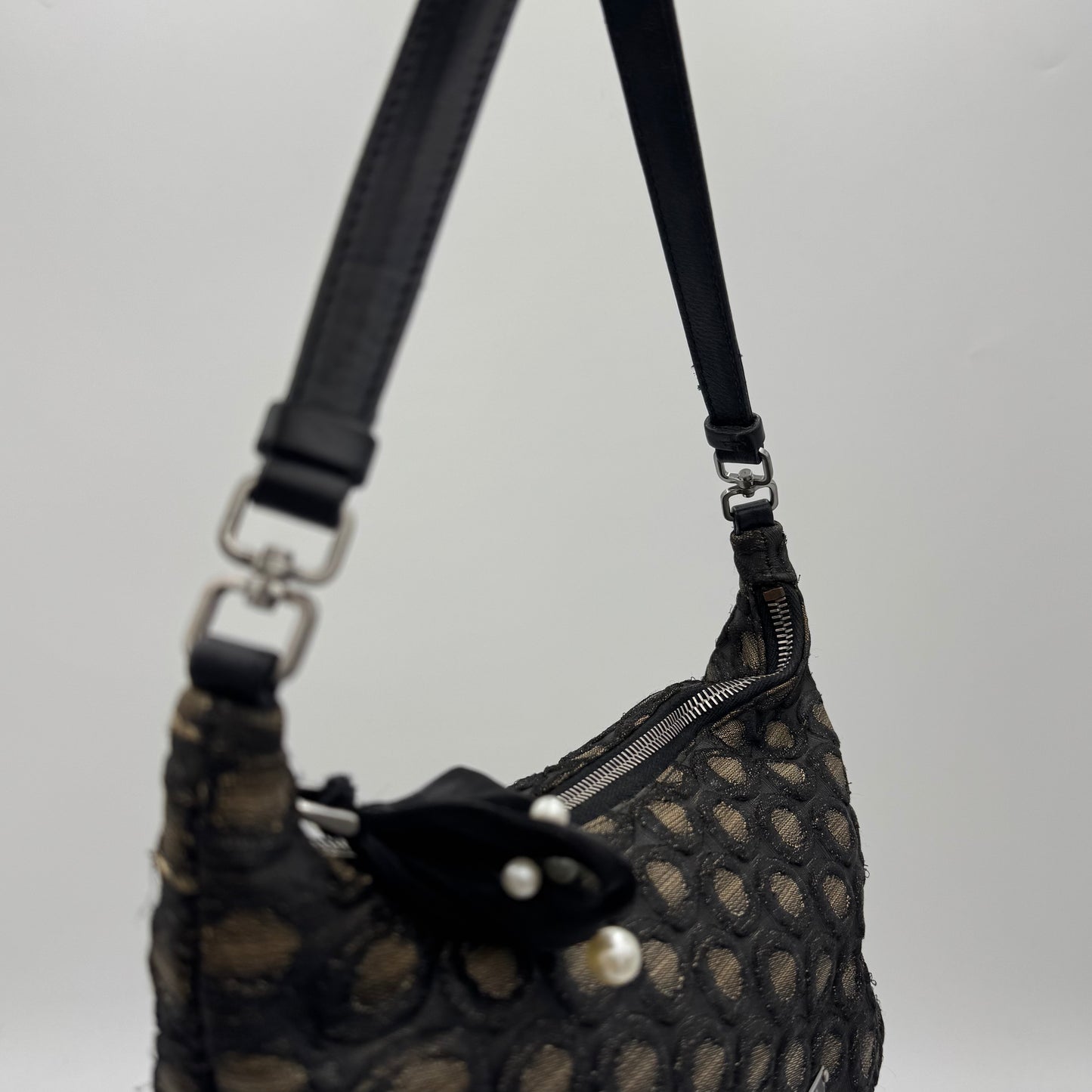 Prada Black and Champagne Gold Polka Dot Brocade Hobo Shoulder Bag