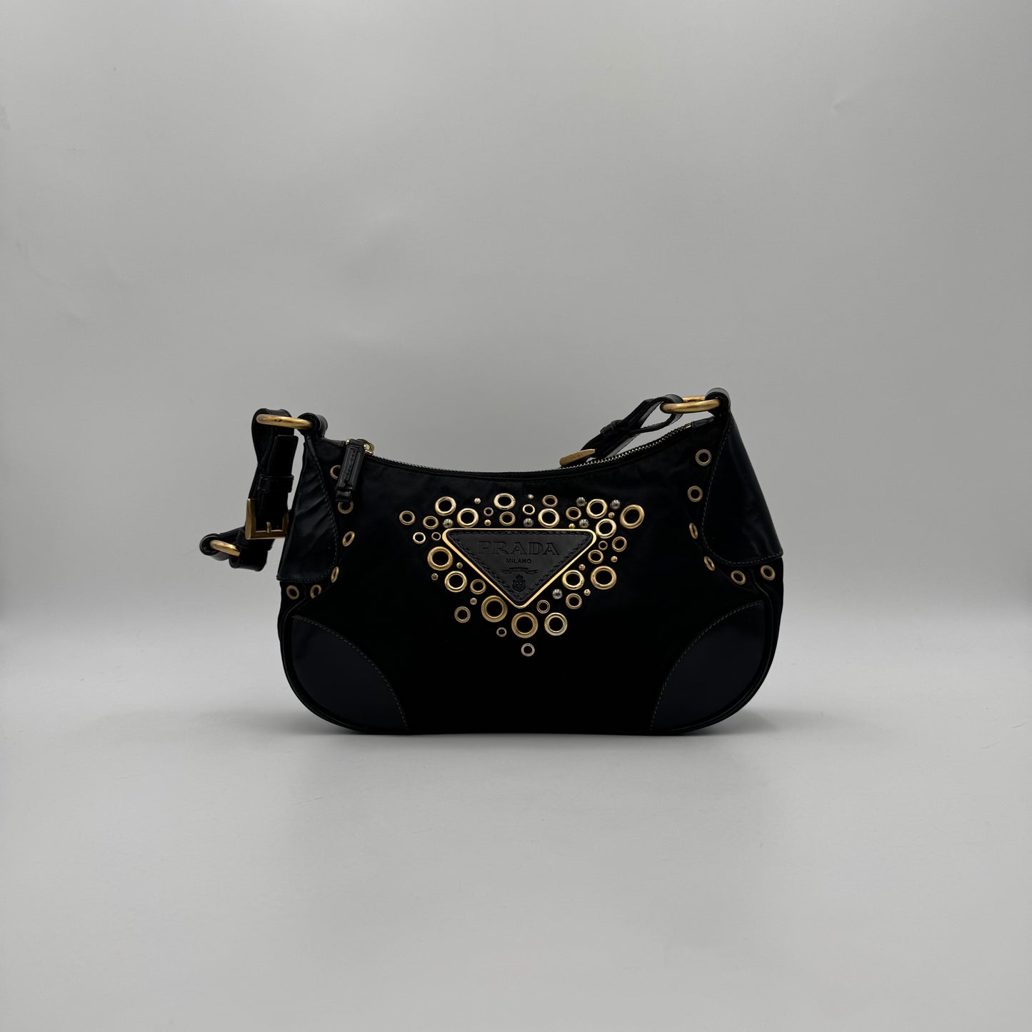 Prada Black Nylon Grommet Cleo Shoulder Bag GHW