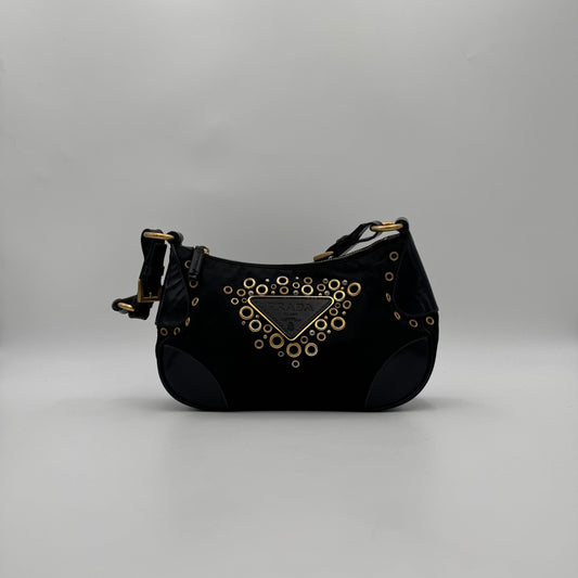 Prada Black Nylon Grommet Cleo Shoulder Bag GHW