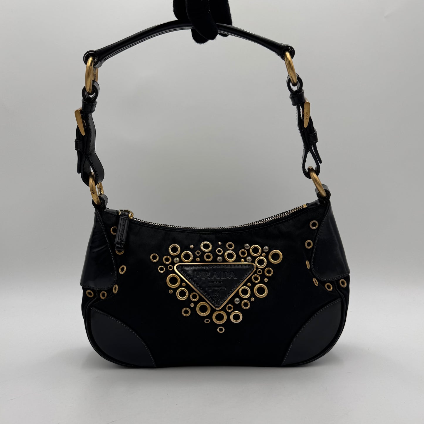 Prada Black Nylon Grommet Cleo Shoulder Bag GHW