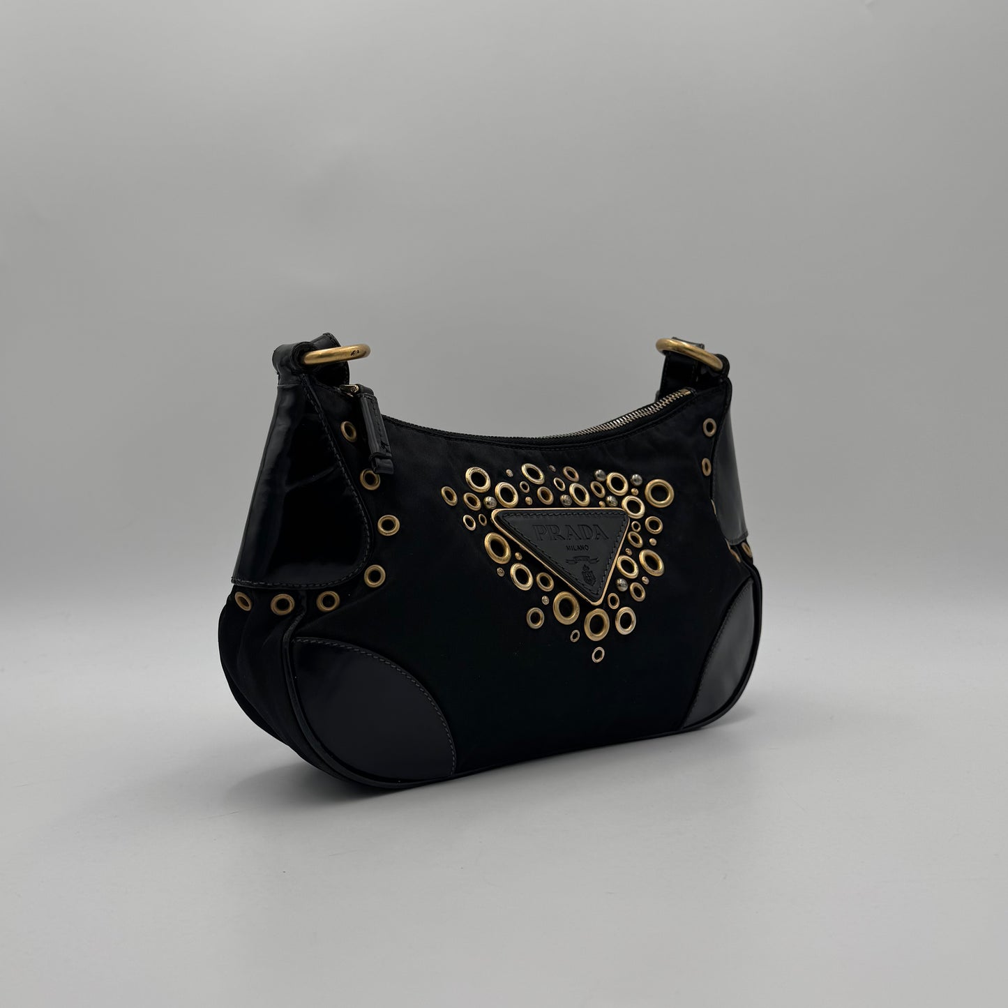 Prada Black Nylon Grommet Cleo Shoulder Bag GHW