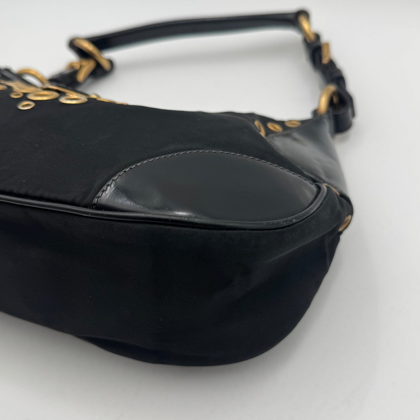 Prada Black Nylon Grommet Cleo Shoulder Bag GHW