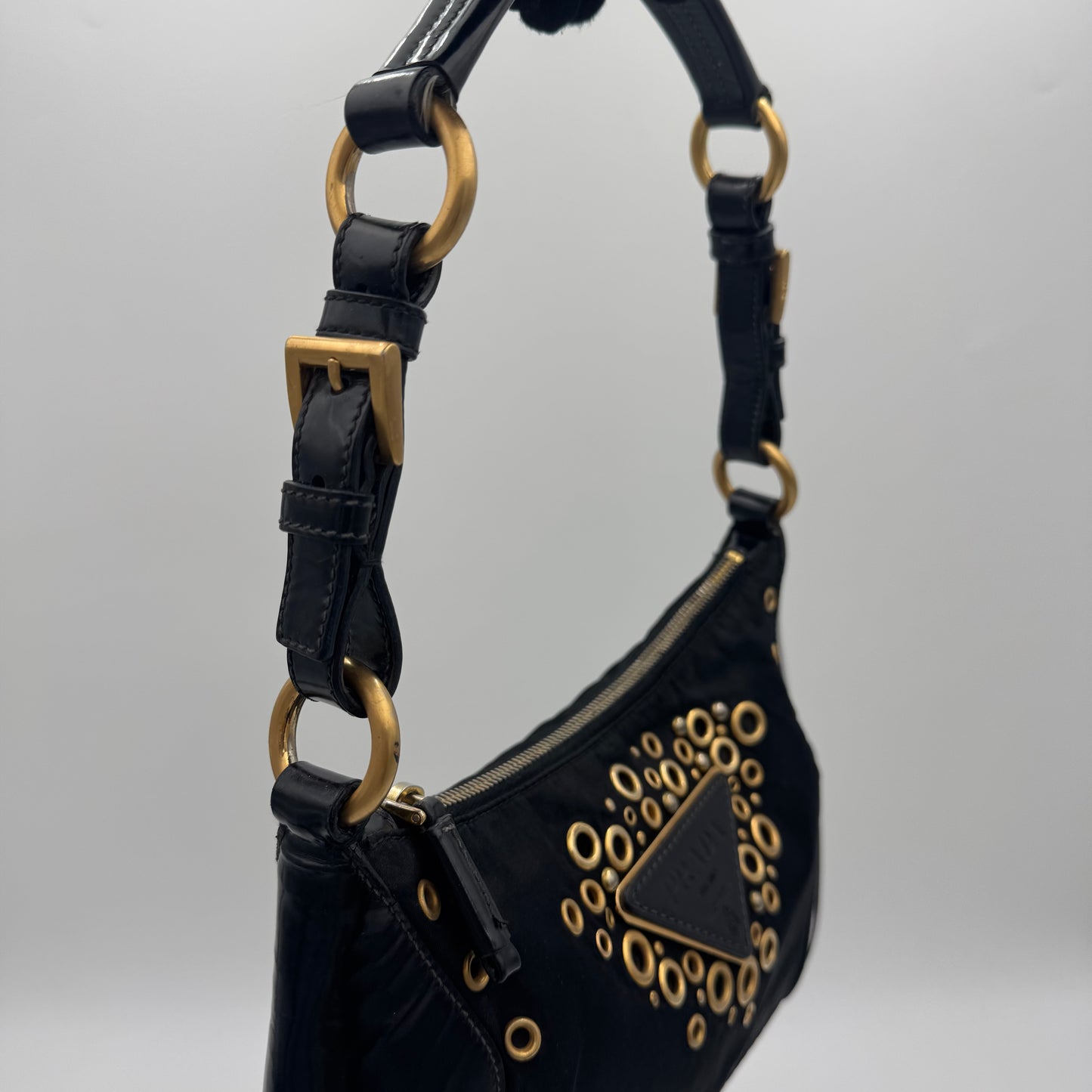 Prada Black Nylon Grommet Cleo Shoulder Bag GHW