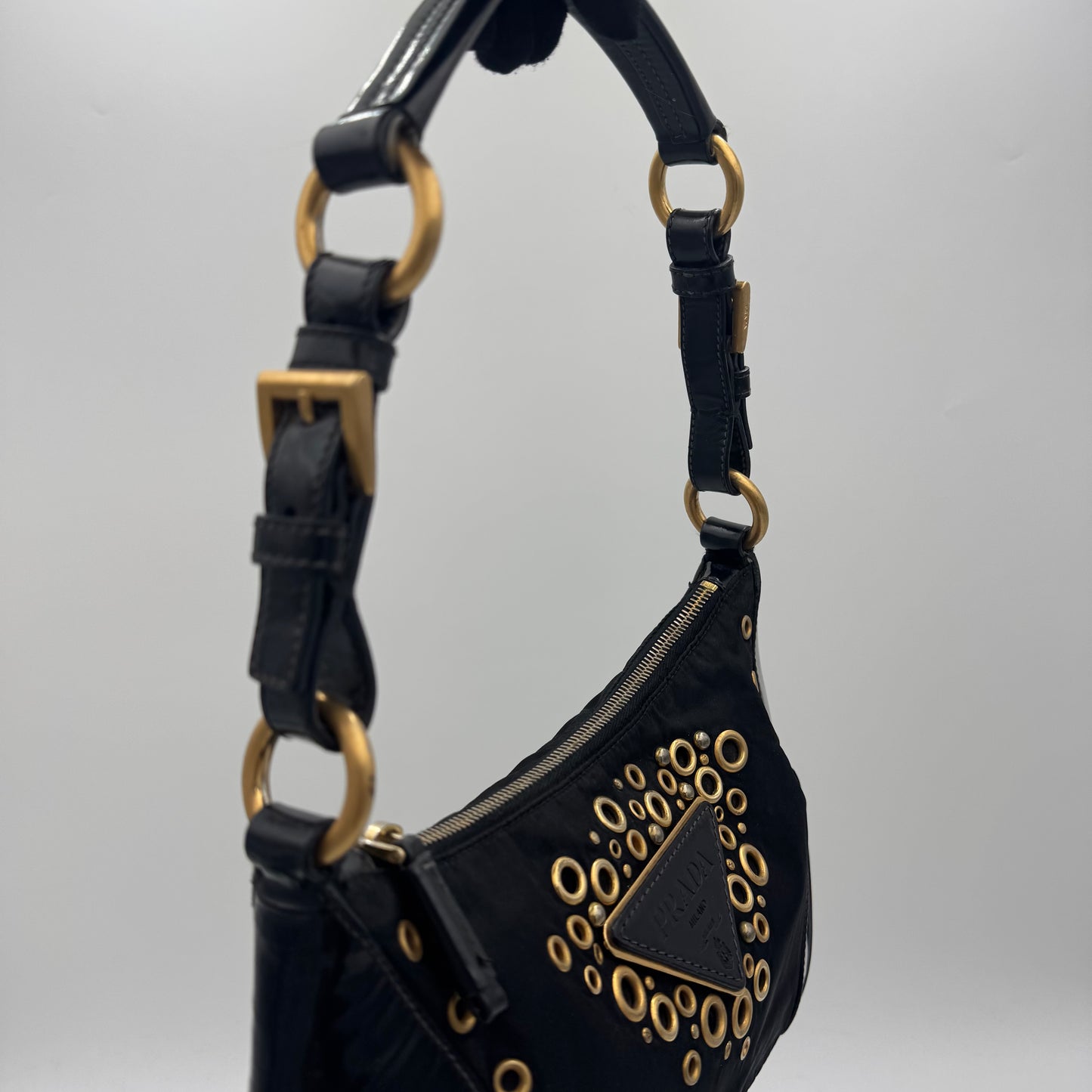 Prada Black Nylon Grommet Cleo Shoulder Bag GHW