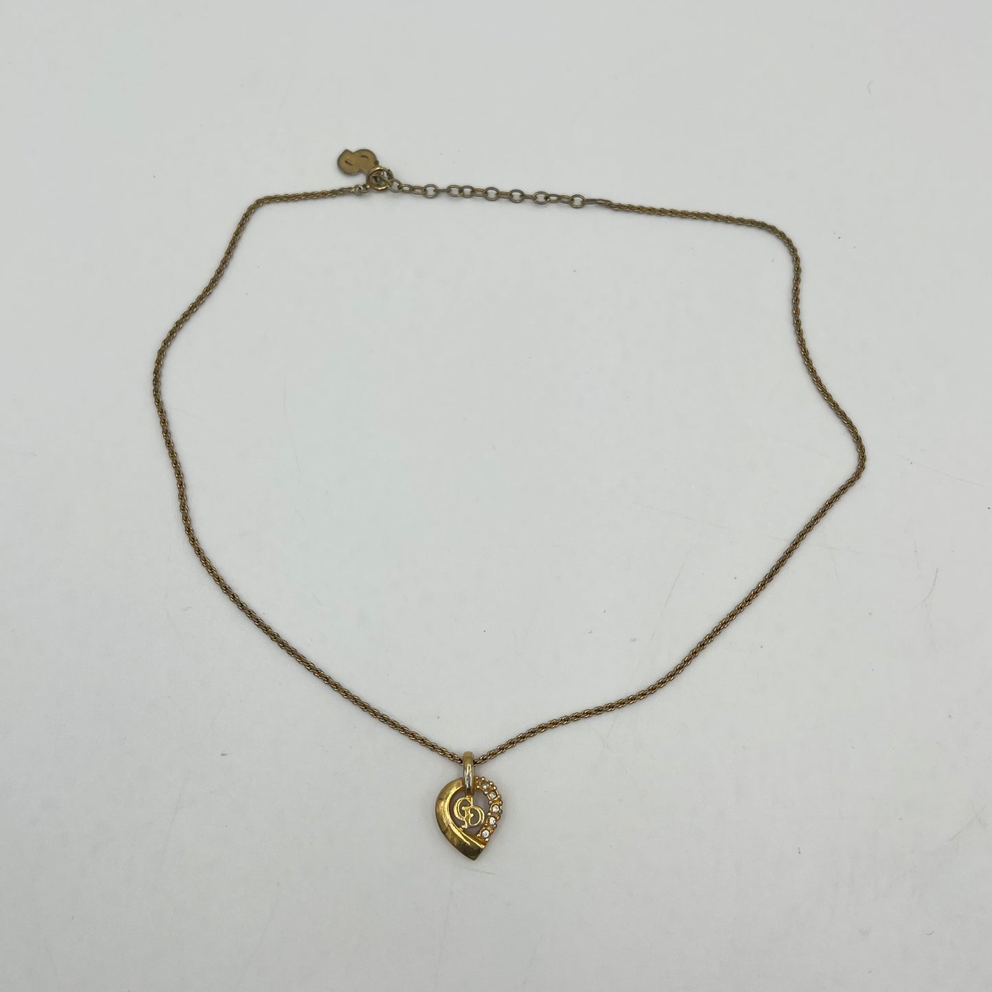 Christian Dior Gold-Tone Delicate CD Heart-Shaped Rhinestones Pendant Necklace