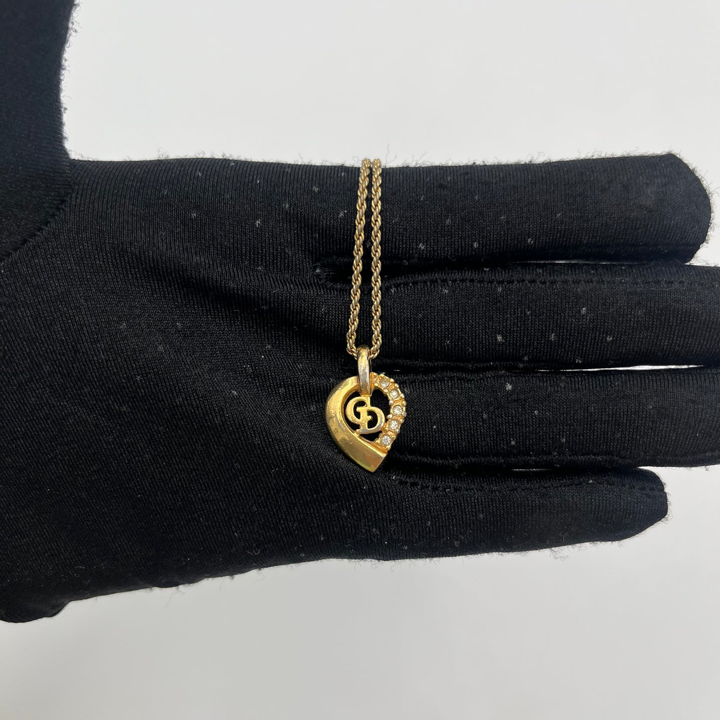 Christian Dior Gold-Tone Delicate CD Heart-Shaped Rhinestones Pendant Necklace