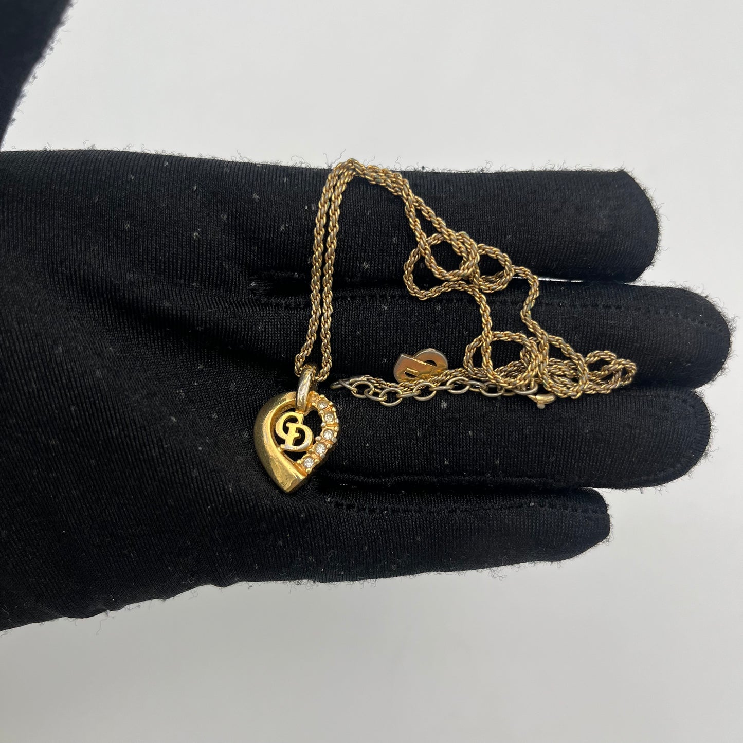 Christian Dior Gold-Tone Delicate CD Heart-Shaped Rhinestones Pendant Necklace