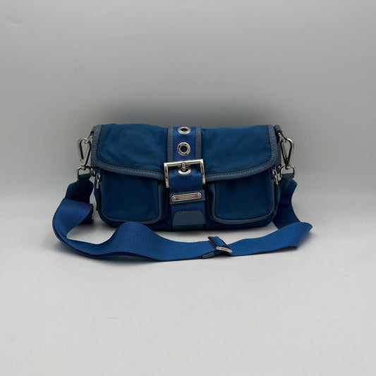 Prada Blue Nylon and Leather Double Pocket Shoulder Sling Bag