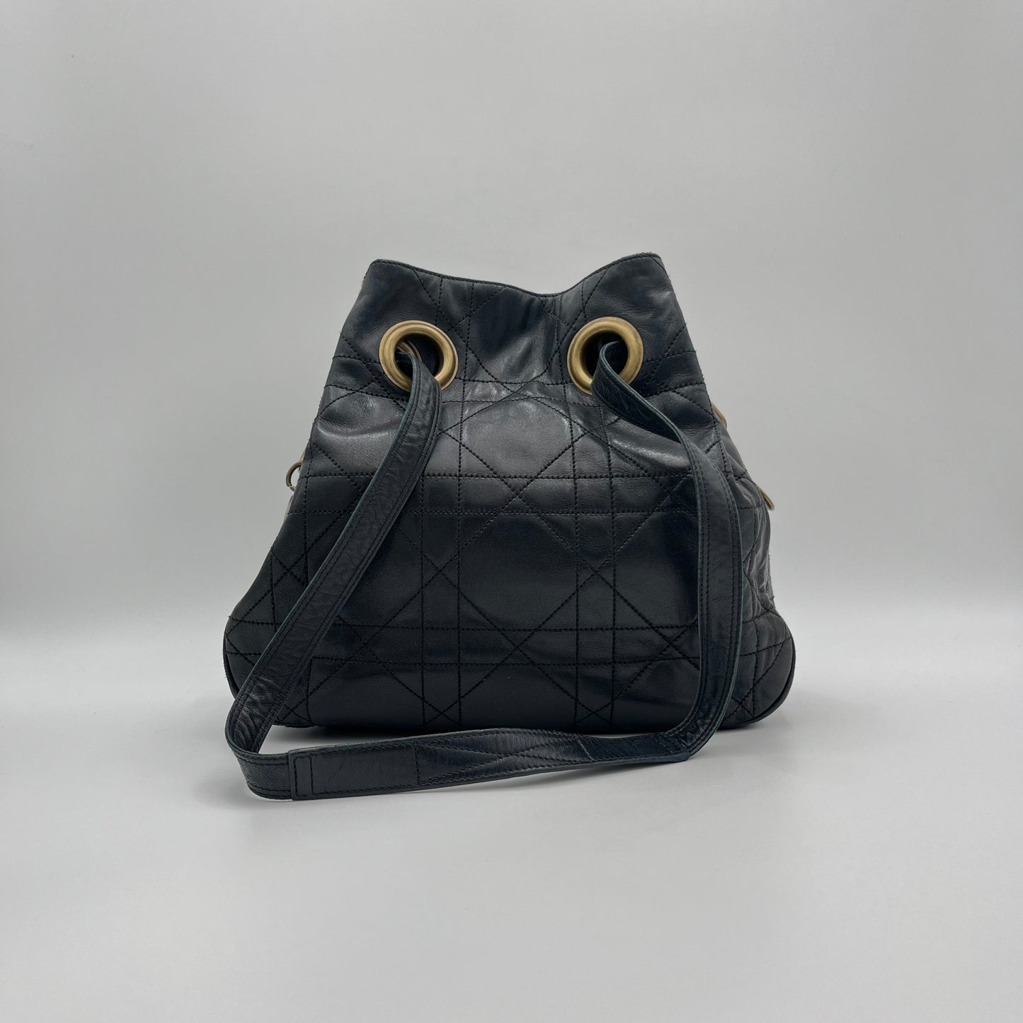 Christian Dior Black Lambskin Cannage Bucket Bag
