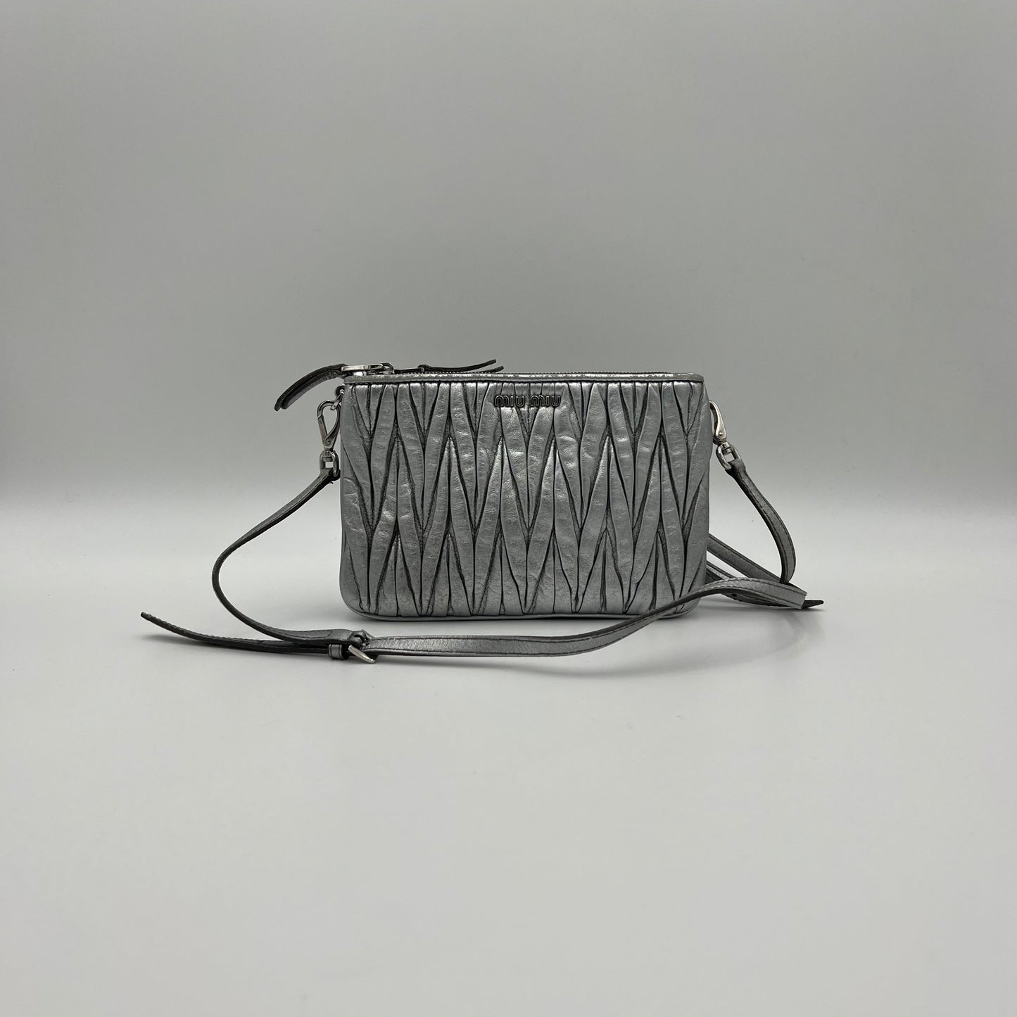 Miu Miu Silver Matelasse Nappa Double Zip Crossbody