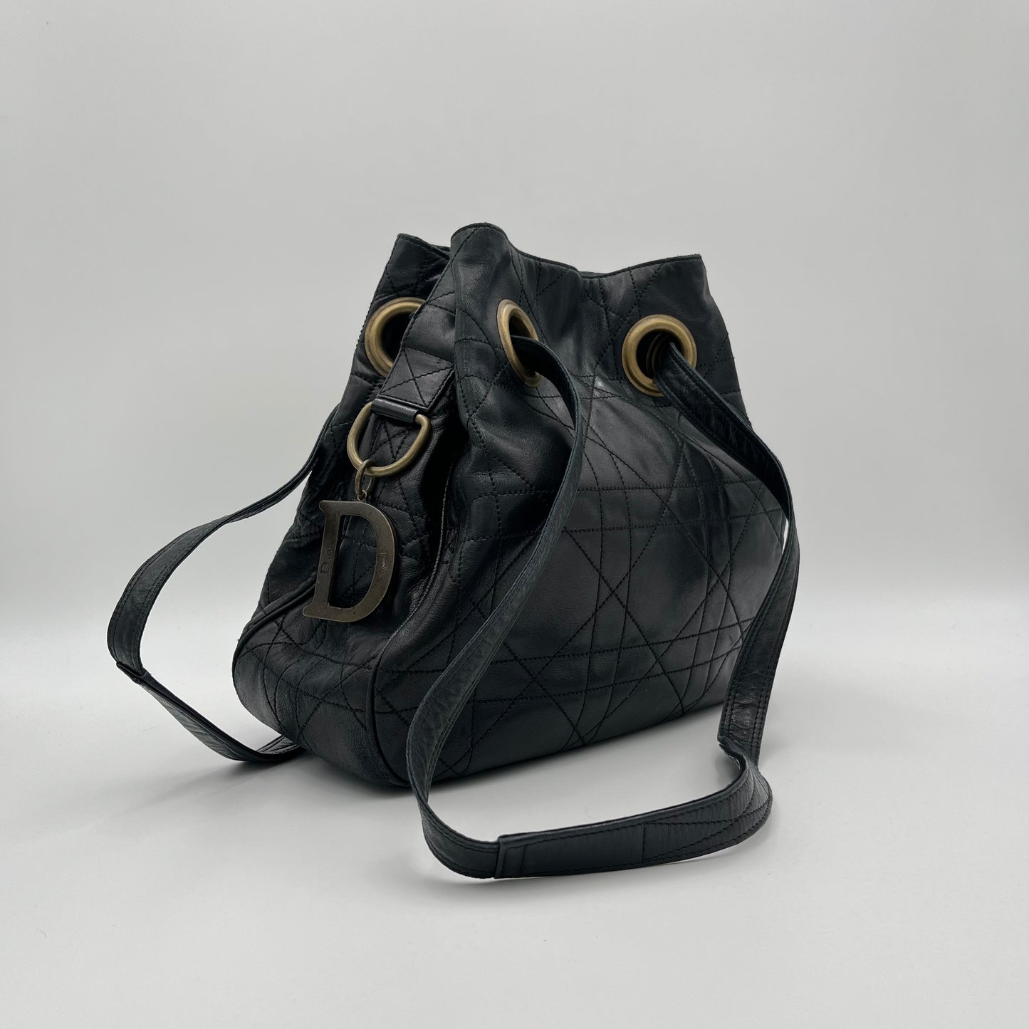 Christian Dior Black Lambskin Cannage Bucket Bag