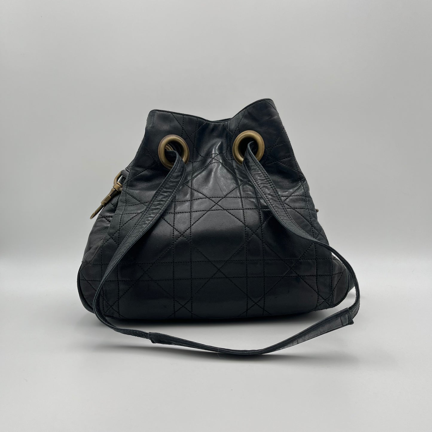 Christian Dior Black Lambskin Cannage Bucket Bag