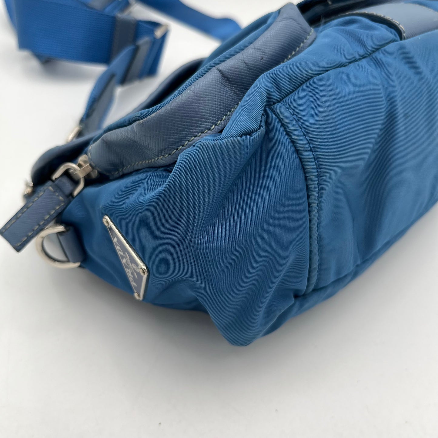 Prada Blue Nylon and Leather Double Pocket Shoulder Sling Bag