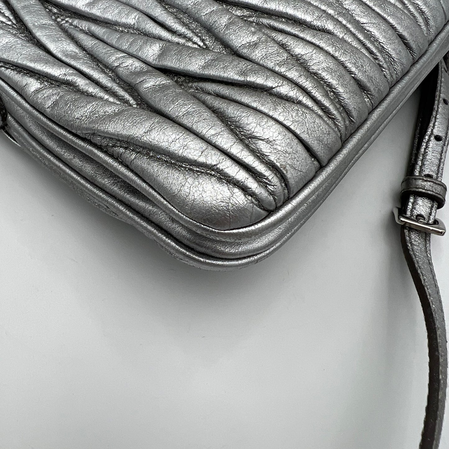 Miu Miu Silver Matelasse Nappa Double Zip Crossbody