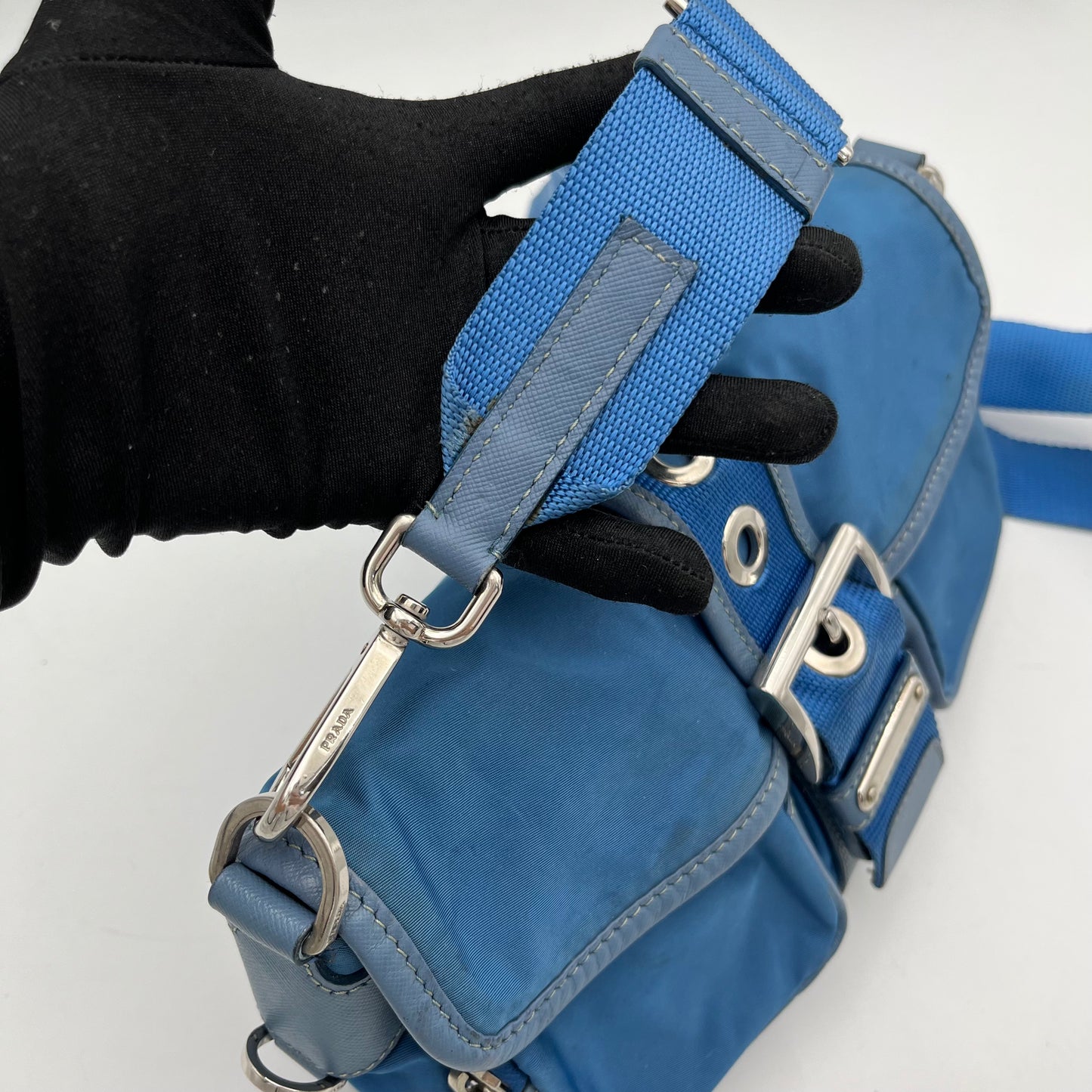 Prada Blue Nylon and Leather Double Pocket Shoulder Sling Bag