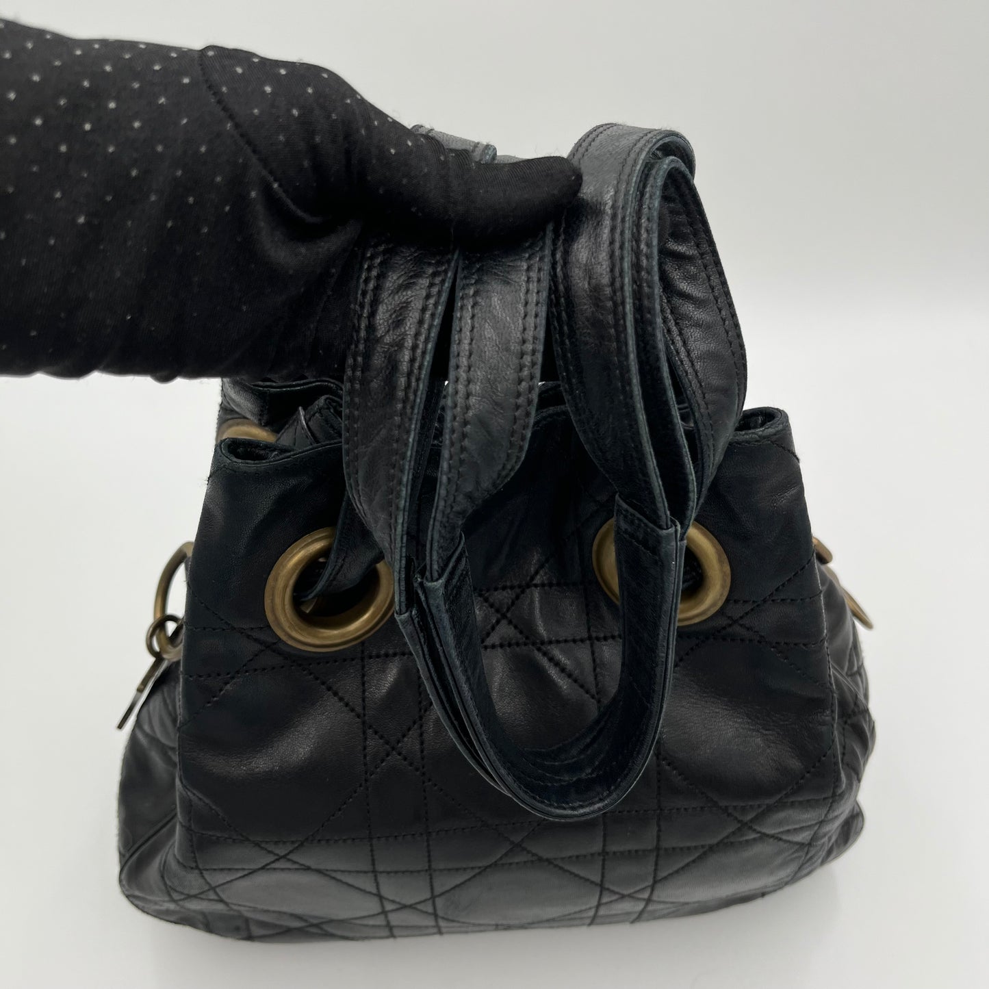 Christian Dior Black Lambskin Cannage Bucket Bag