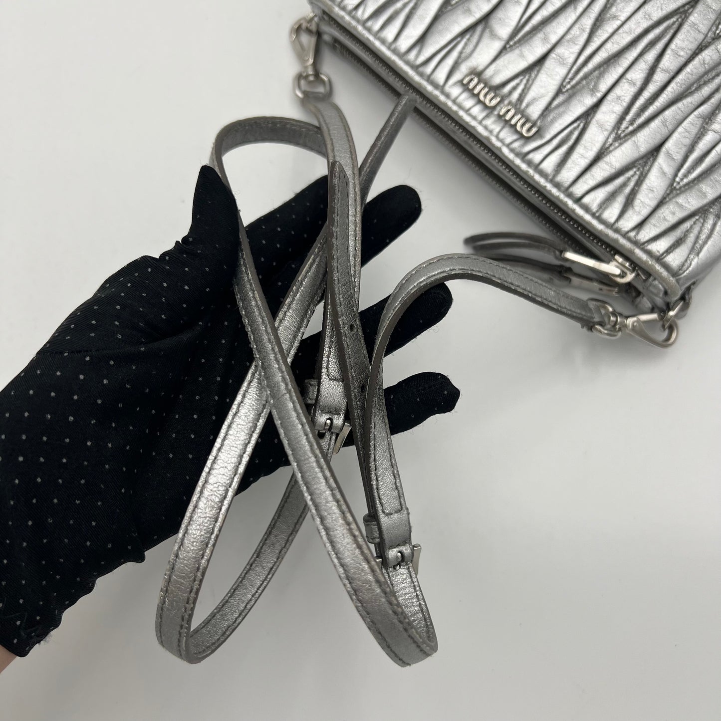 Miu Miu Silver Matelasse Nappa Double Zip Crossbody