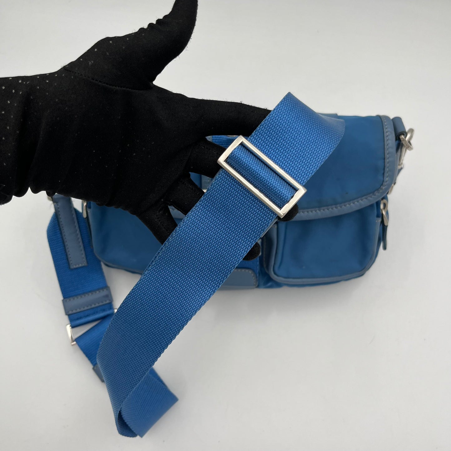 Prada Blue Nylon and Leather Double Pocket Shoulder Sling Bag