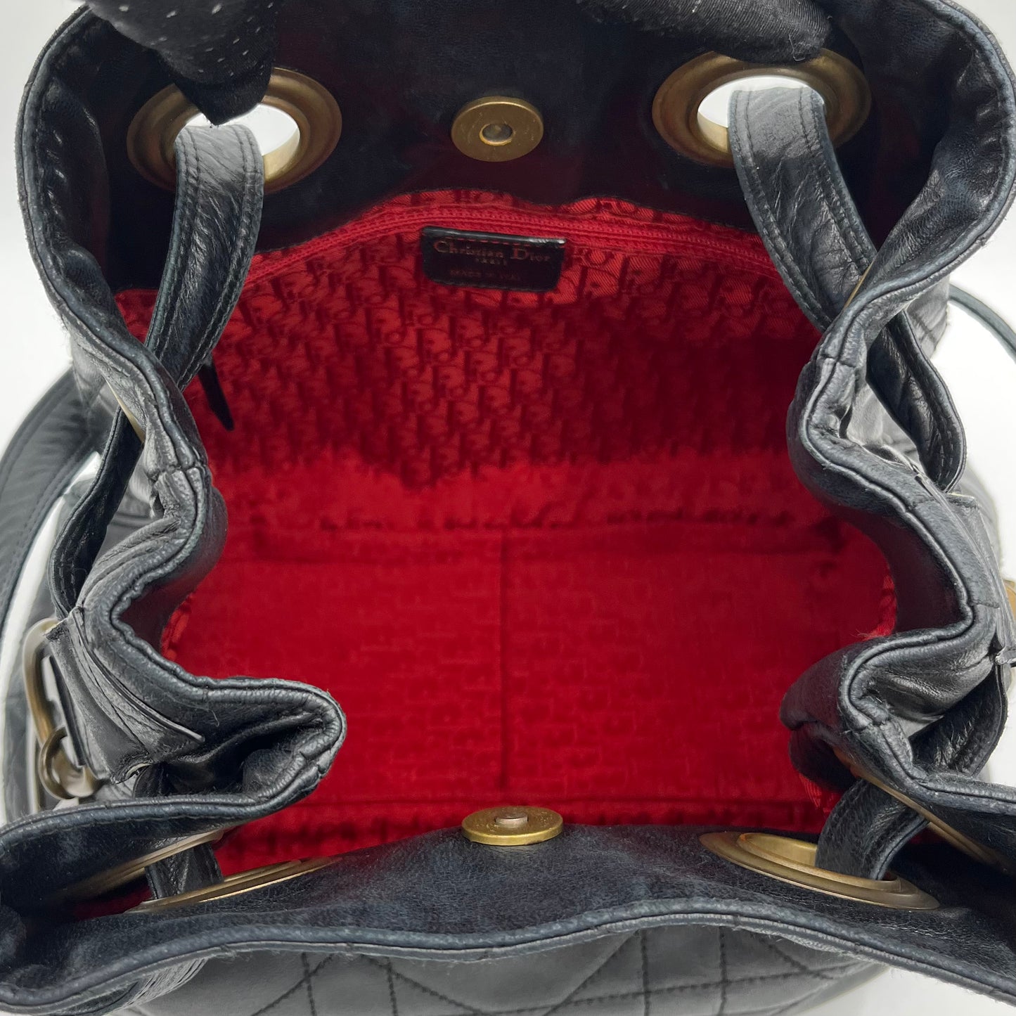 Christian Dior Black Lambskin Cannage Bucket Bag