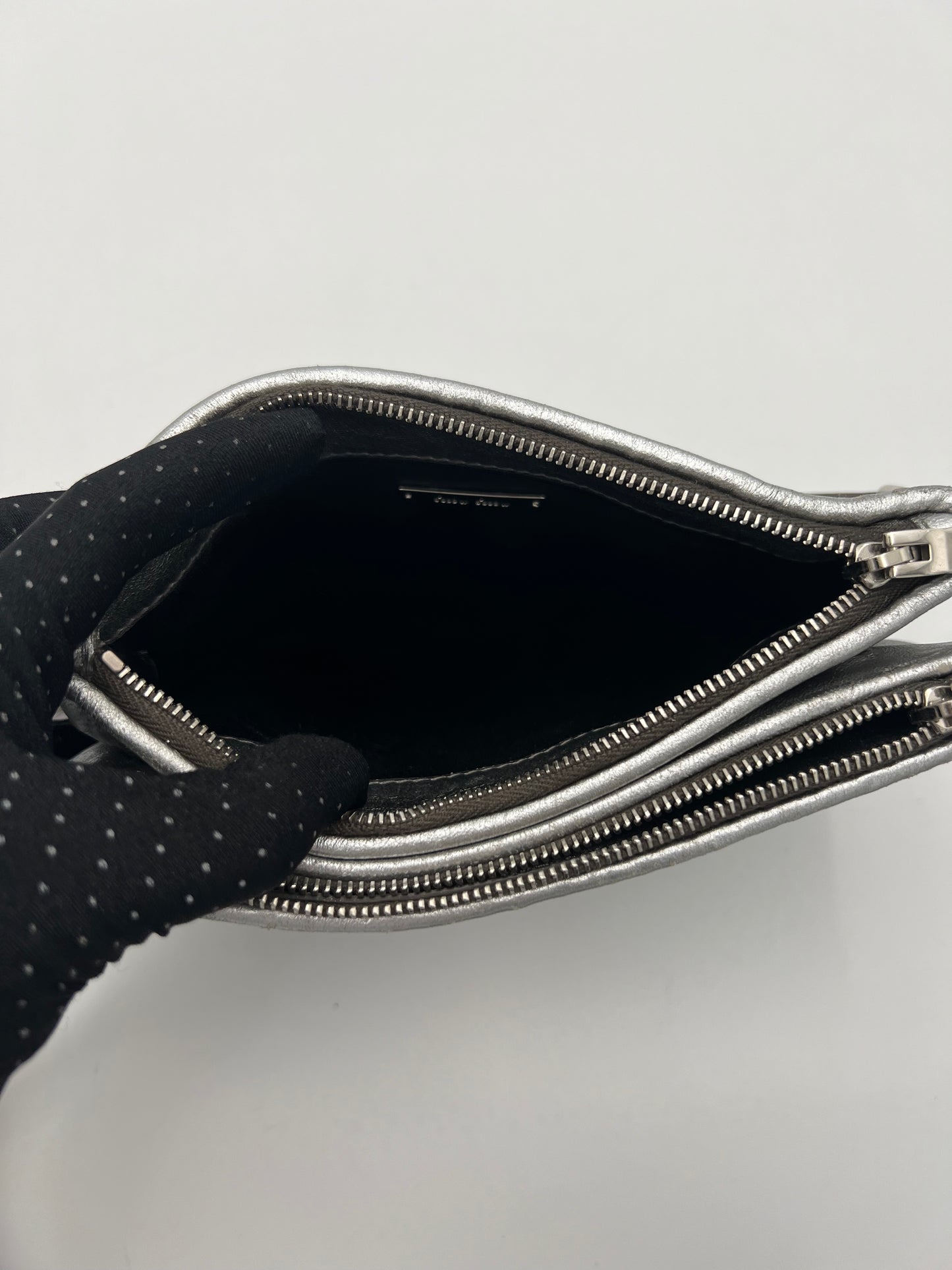 Miu Miu Silver Matelasse Nappa Double Zip Crossbody