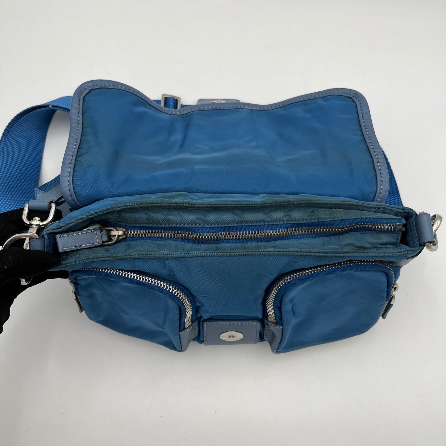 Prada Blue Nylon and Leather Double Pocket Shoulder Sling Bag