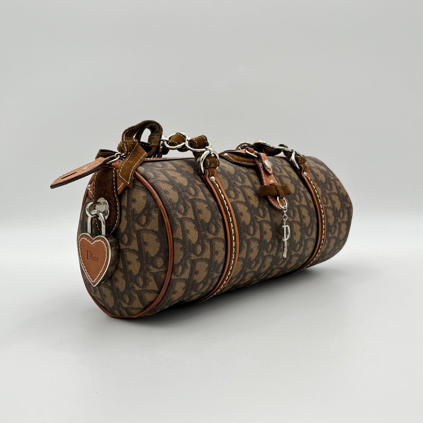 Christian Dior Brown Romantique Trotter Heart Lock Barrel Bag