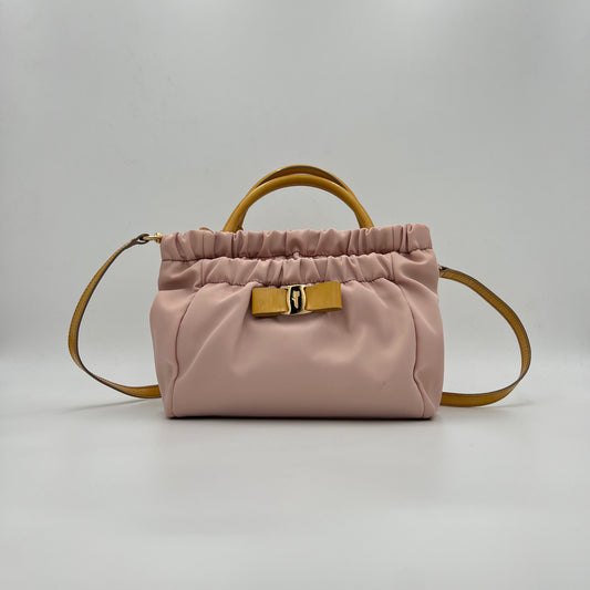 Salvatore Ferragamo Pink Nylon and Yellow Leather Vara Two-Way Bag