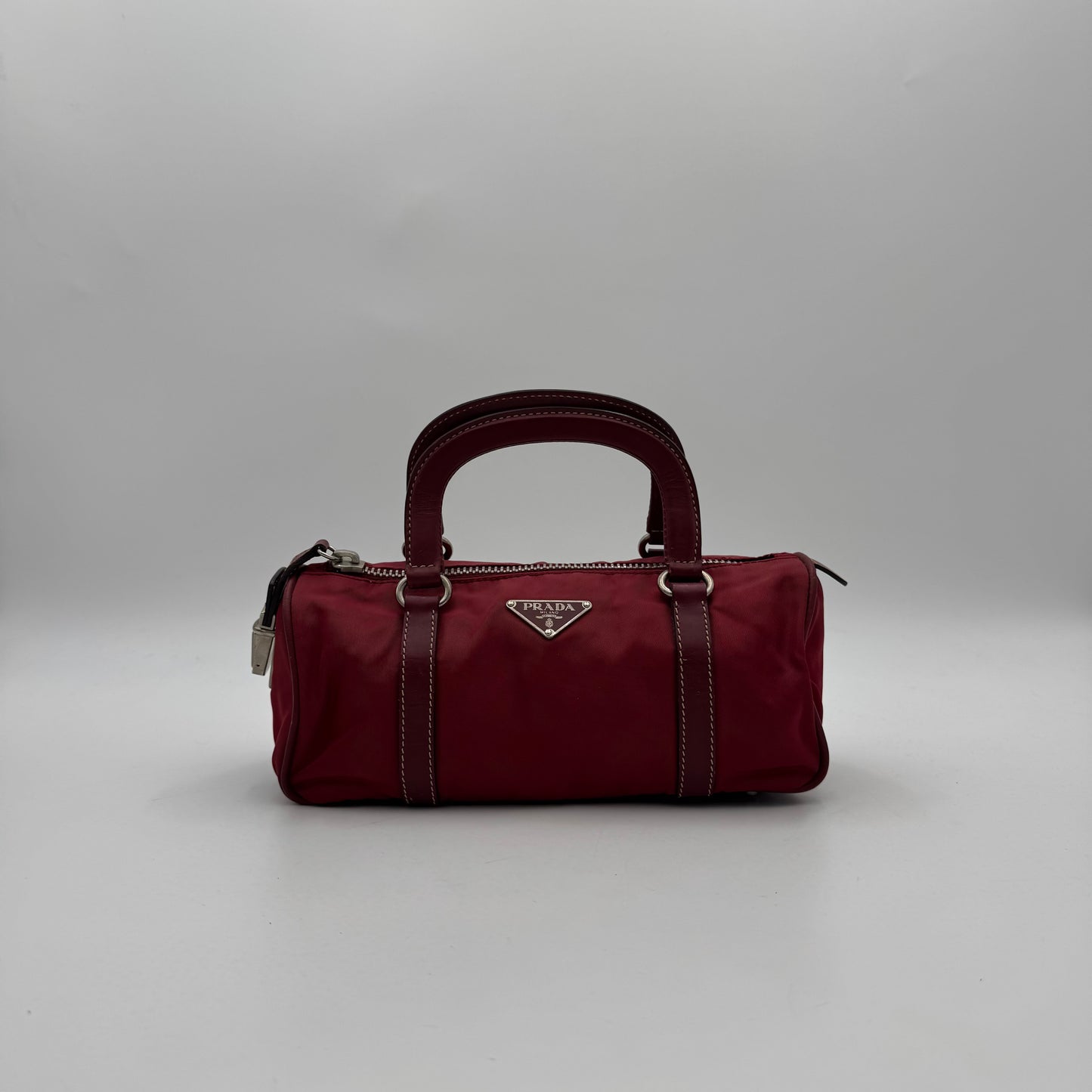 Prada Red Nylon and Leather Mini Barrel Handbag