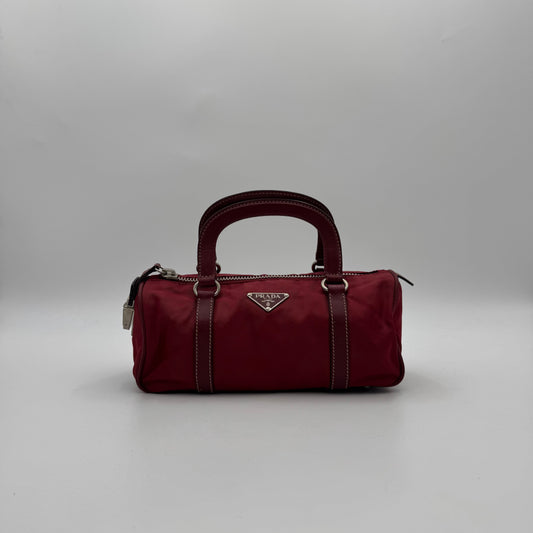 Prada Red Nylon and Leather Mini Barrel Handbag