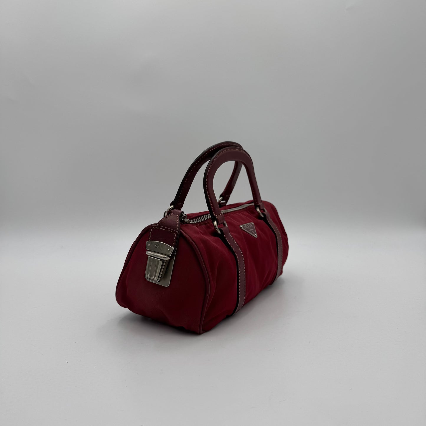 Prada Red Nylon and Leather Mini Barrel Handbag