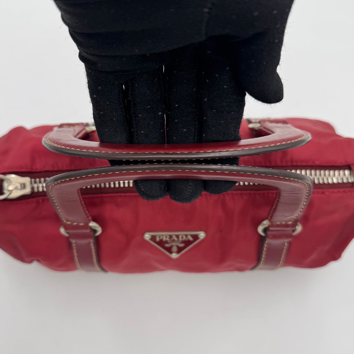 Prada Red Nylon and Leather Mini Barrel Handbag