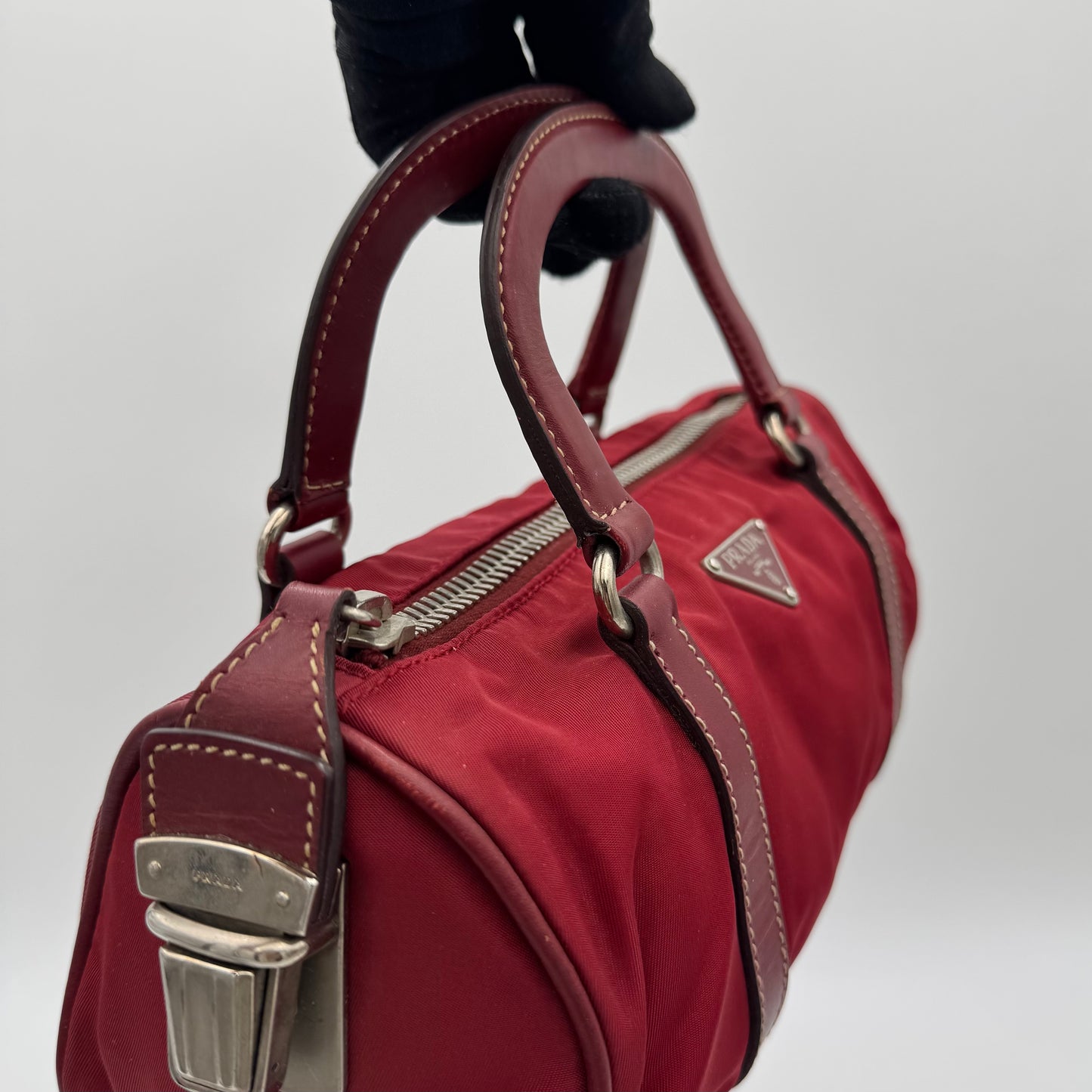 Prada Red Nylon and Leather Mini Barrel Handbag
