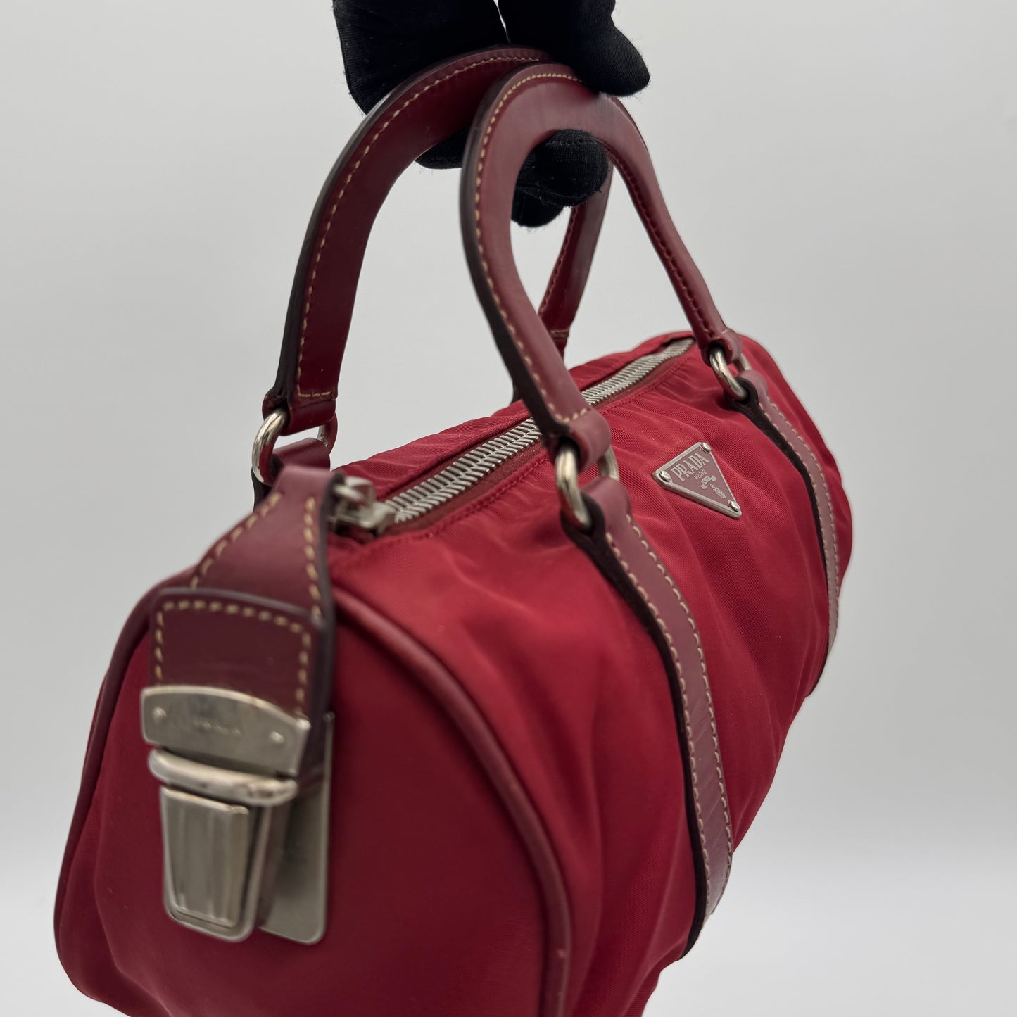 Prada Red Nylon and Leather Mini Barrel Handbag
