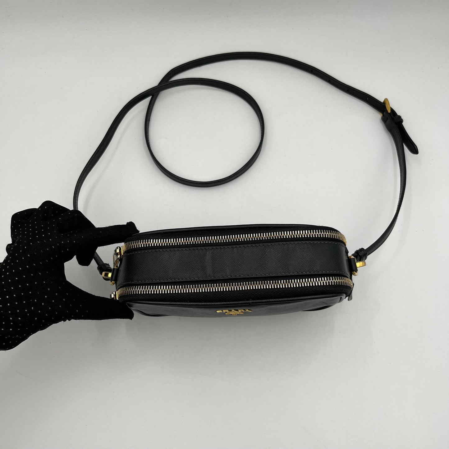 Prada Black Saffiano Double Zip Mini Crossbody